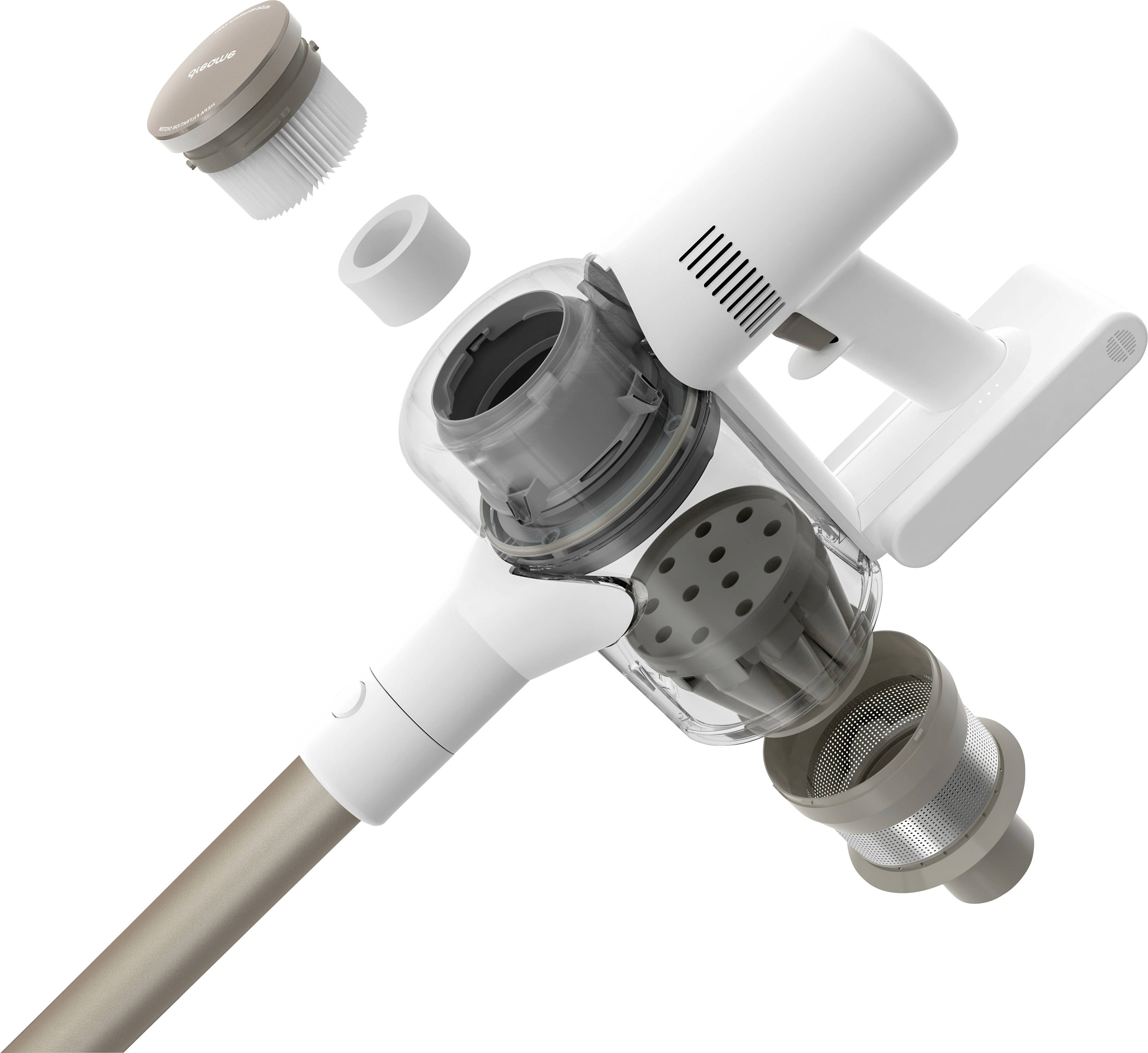 A dismantled cordless vacuum cleaner shows its filter components. The illustration emphasises the simple assembly and cleaning of the parts.