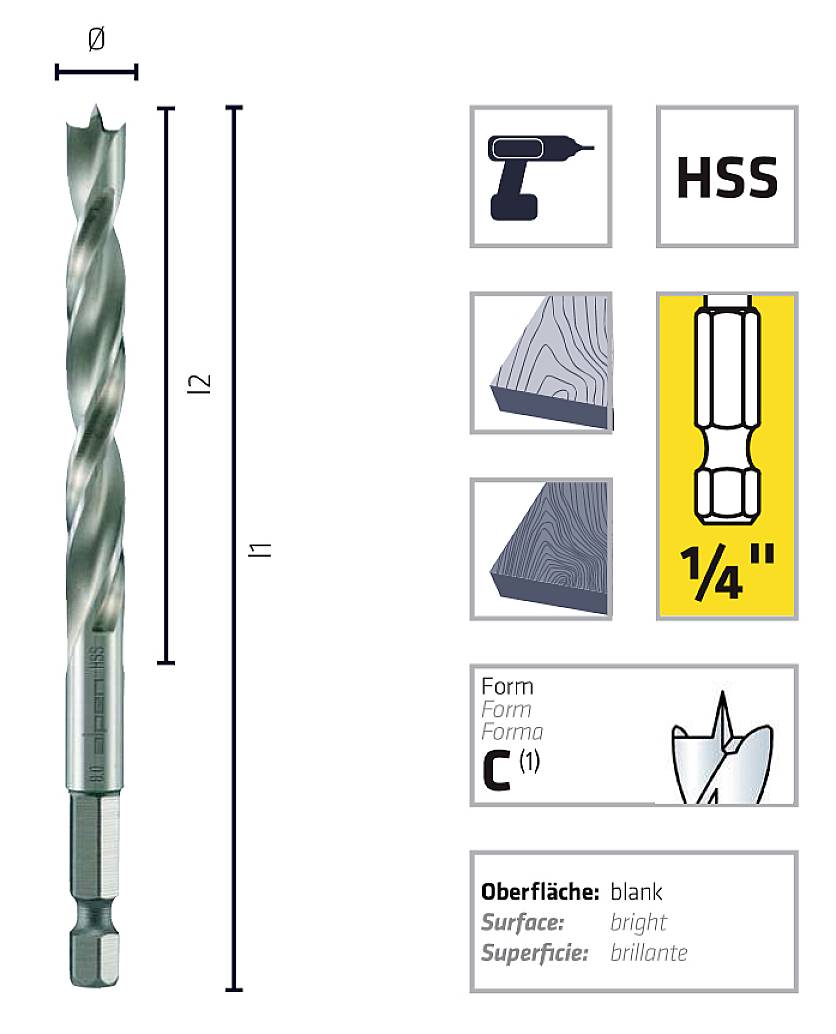Drill bit with hex shank and HSS label. Suitable for wood, surfaces: bright. Dimensions illustrated with diagrams.