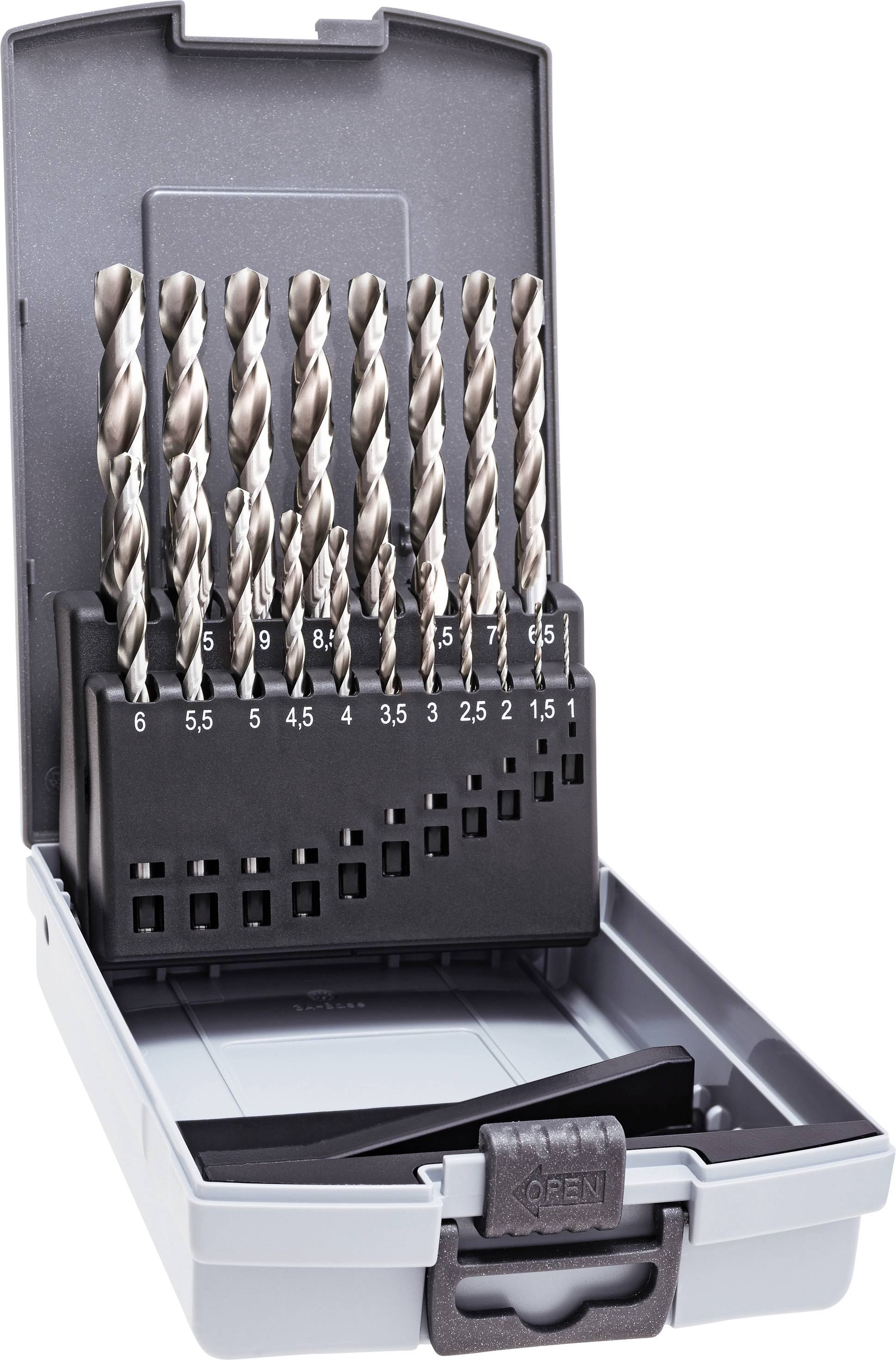 An opened toolbox with a set of metal drill bits in various sizes, arranged and labelled from 2.5 to 10 mm.