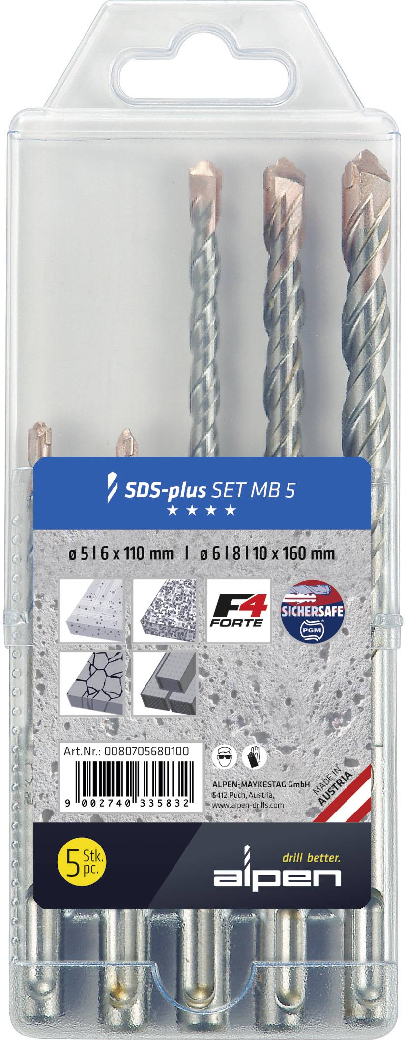 Alpen 0080705680100 Steel Concrete twist drill bit set 5 mm, 6 mm, 8 mm, 10 mm SDS-Plus 1 Set