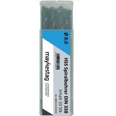 'Grey packaging with HSS spiral drill bit DIN 338, Ø 8.0, pack of 10. Brand: maykestag. Blue and grey colours on the label.'