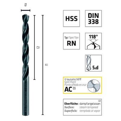 'HSS Drill Bit DIN 338, Ø 12mm, Type RN, Point Angle 118°, Cross Ground AC, Steam Tempered Surface.'