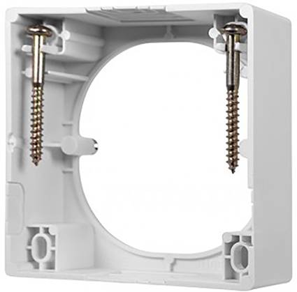 Wall-mounted socket box, square, made of plastic, showing two fixing screws.