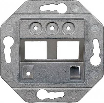Metal mounting frame for sockets with two rectangular apertures and multiple screw holes for fixing into a wall.