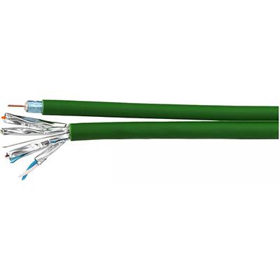 Green cable, partially stripped, reveals multiple internal wires and shielding, typical for technical applications.