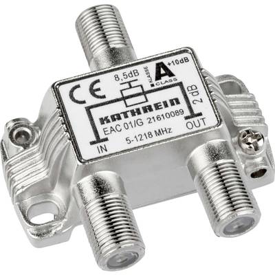 'Metal cable distribution unit with four connections, CE mark and 'Kathrein' model on the top surface.'