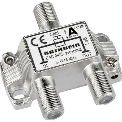 A silver TV coaxial cable splitter with four ports, CE mark, frequency range of 5-1218 MHz and 'KATHREIN' inscription.