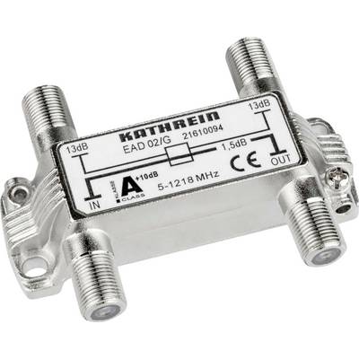 A silver TV coaxial splitter, brand Kathrein, model EAD 02/G, with two inputs and one output, attenuation 13 dB.