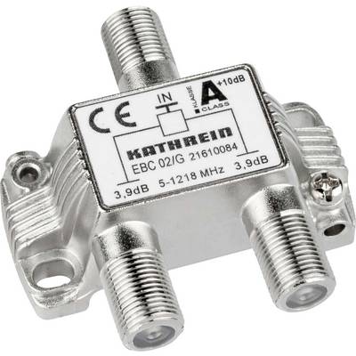 'Kathrein' distributor for cable TV, round with four connections, shows input and output frequencies and amplification details.