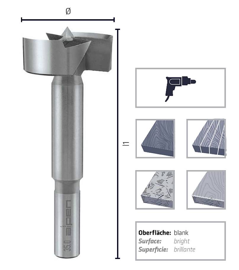 Forstner bit with plain surface, suitable for wood and coated materials. Illustrated with dimensions and application examples.