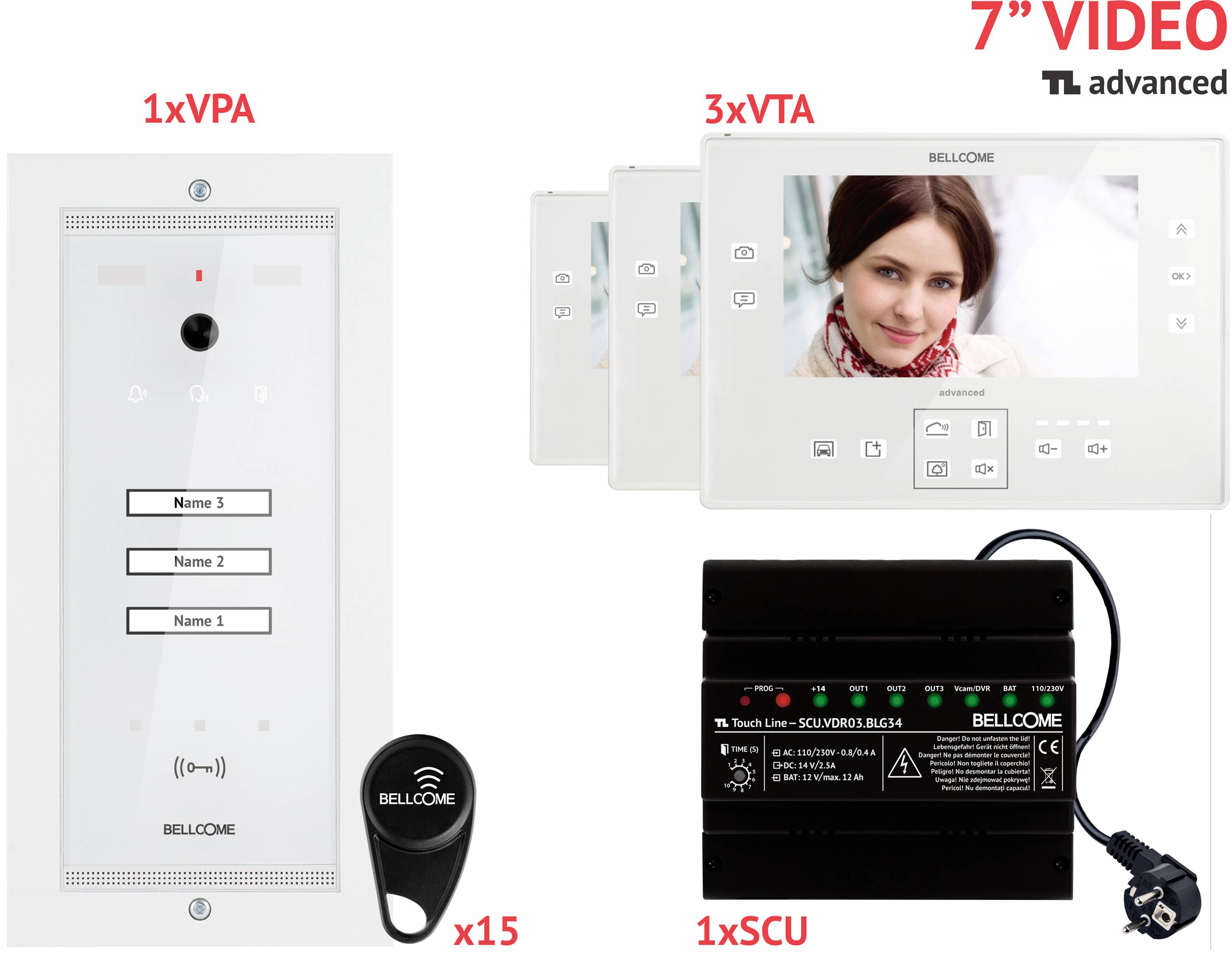 'Video intercom system with 7-inch touchscreen. Includes one VPA, three VTAs, one SCU and fifteen key fobs for access control.'
