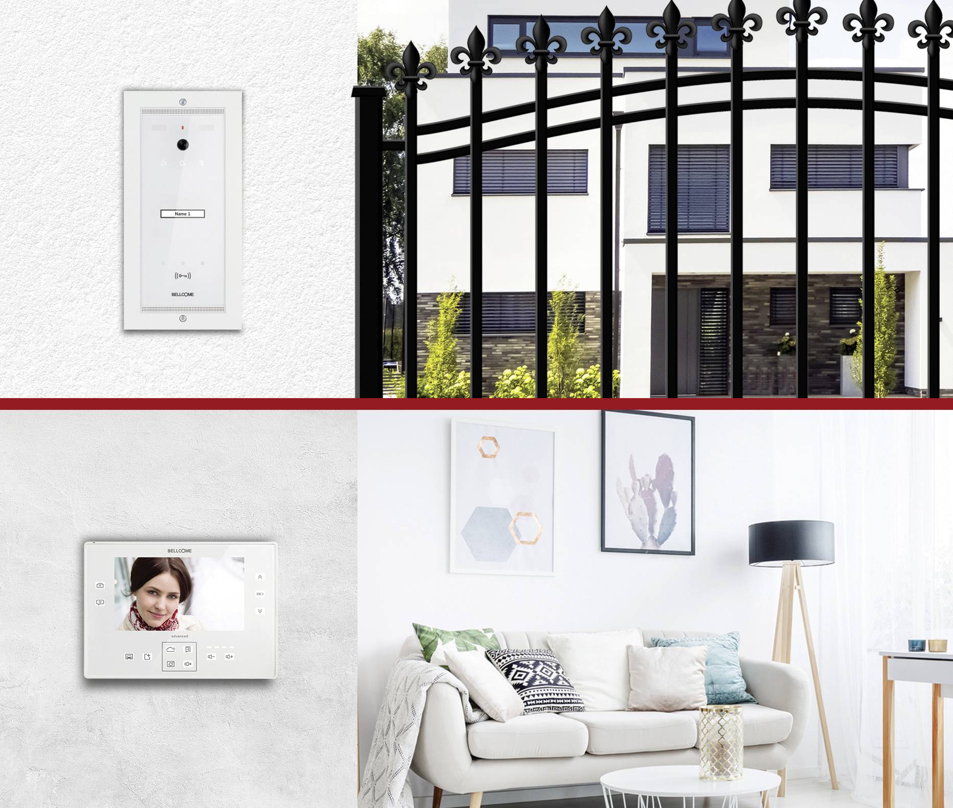 'Smart home automation with intercom and camera, modern exterior view with fence, cosy living room with sofa, pictures on the wall.'