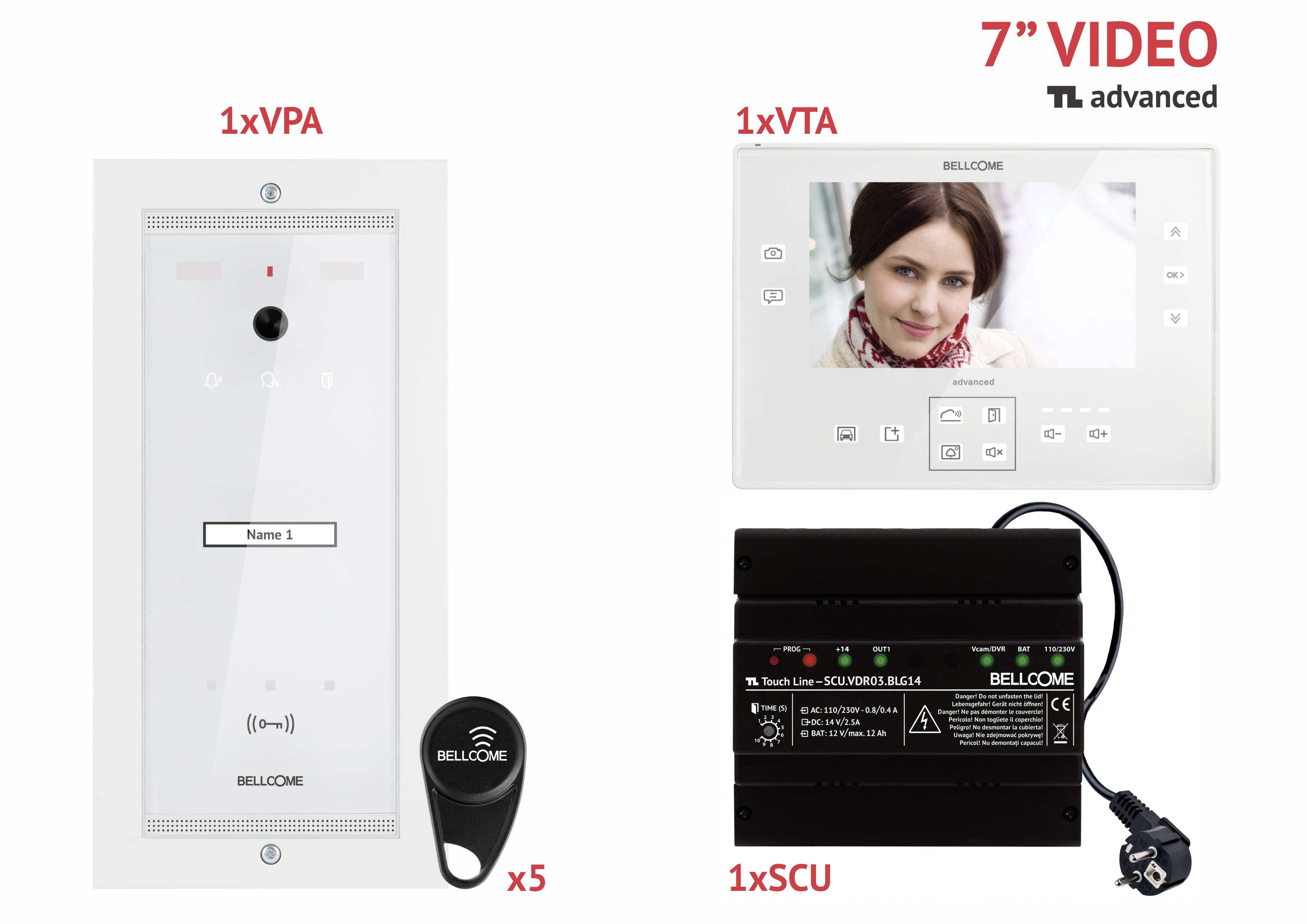 Product Presentation: Video Intercom with Monitor and Access System. Contains 1x VPA, 1x VTA, 1x SCU and 5 keys. Pictured: Woman at the monitor.