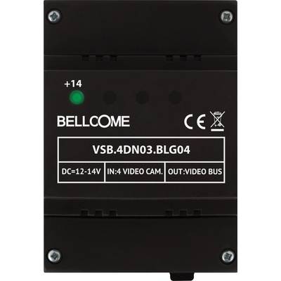 'Bellcome' switchboard with model number VSB.4DN03.BLG04, green indicator light, operating voltage DC=12-14V, connection for video surveillance.