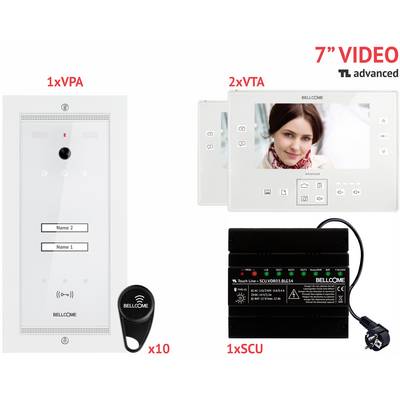 The image shows two video intercom devices and a control unit from Bellcome with a picture of a woman on the screen.