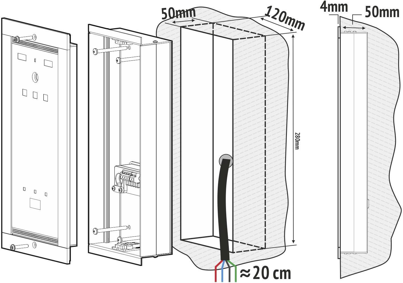 An installation diagram shows a box with dimensions of 50 mm width, 120 mm depth, 286 mm height, and a cable access point of 20 cm.