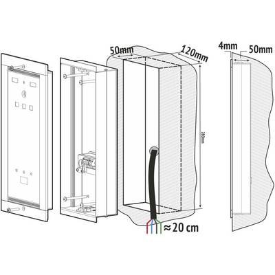 An installation diagram shows a box with dimensions of 50 mm width, 120 mm depth, 286 mm height, and a cable access point of 20 cm.