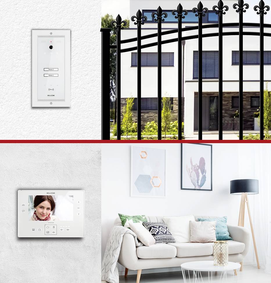 A modern living room with a sofa and cushions. Top left, a light switch, top right, a driveway gate in front of a white house. Bottom left, a video intercom screen.