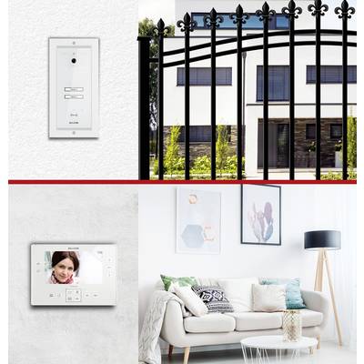 A modern living room with a sofa and cushions. Top left, a light switch, top right, a driveway gate in front of a white house. Bottom left, a video intercom screen.