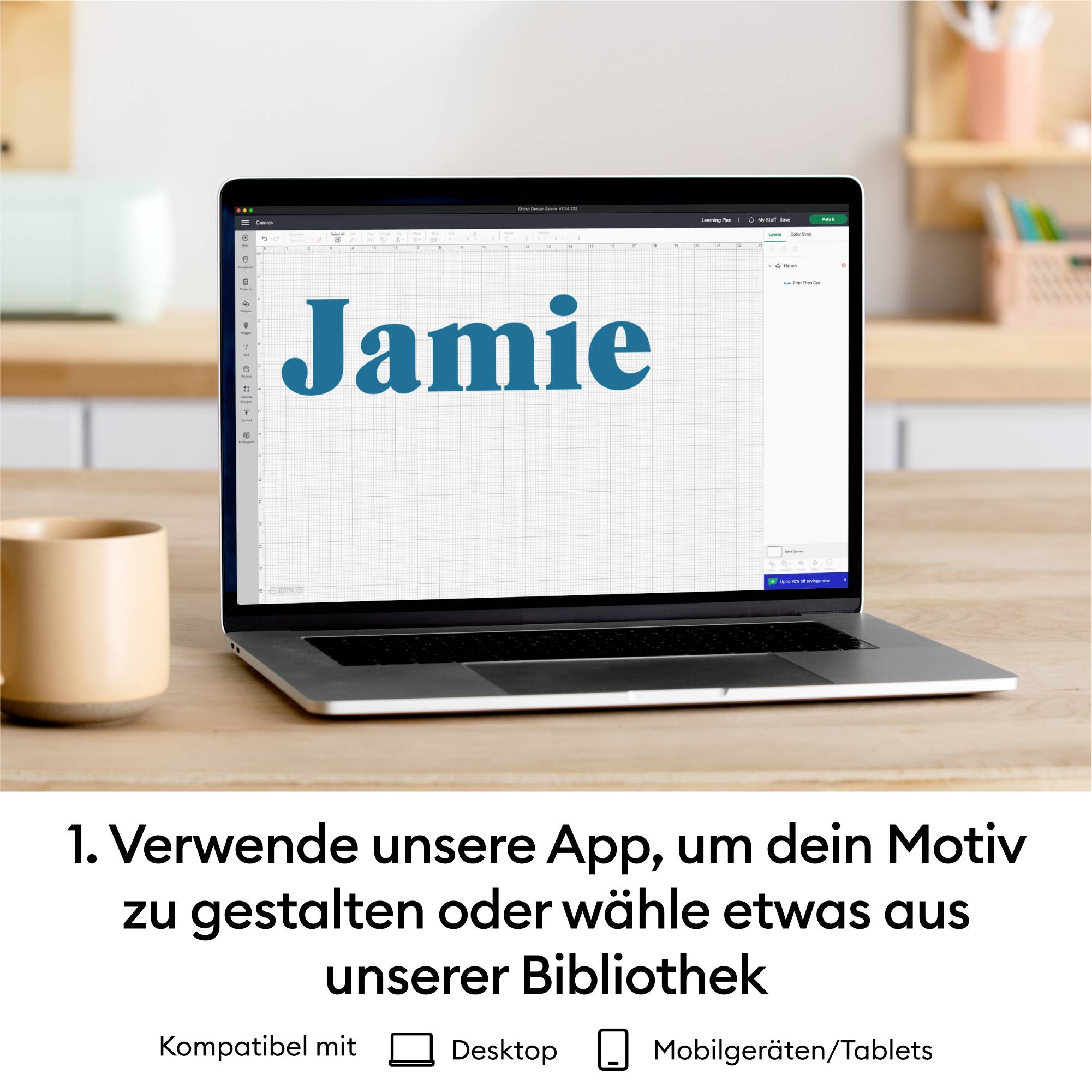 A laptop displays the name 'Jamie' on the screen. Underneath it reads: 'Use our app to design your motif or choose something from our library'.