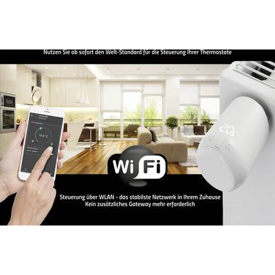 Smartphone displays thermostat app next to a Wi-Fi-enabled thermostat in the living room. Text: 'Control via Wi-Fi - the most stable network in your home'.