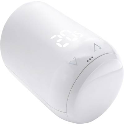 A white, wireless thermostat with a digital display shows '20.5'. Temperature adjustment arrow buttons are located underneath.