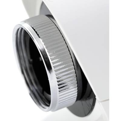 Close-up of a chrome-plated threaded connector on a white plastic housing, potentially part of an optical device.