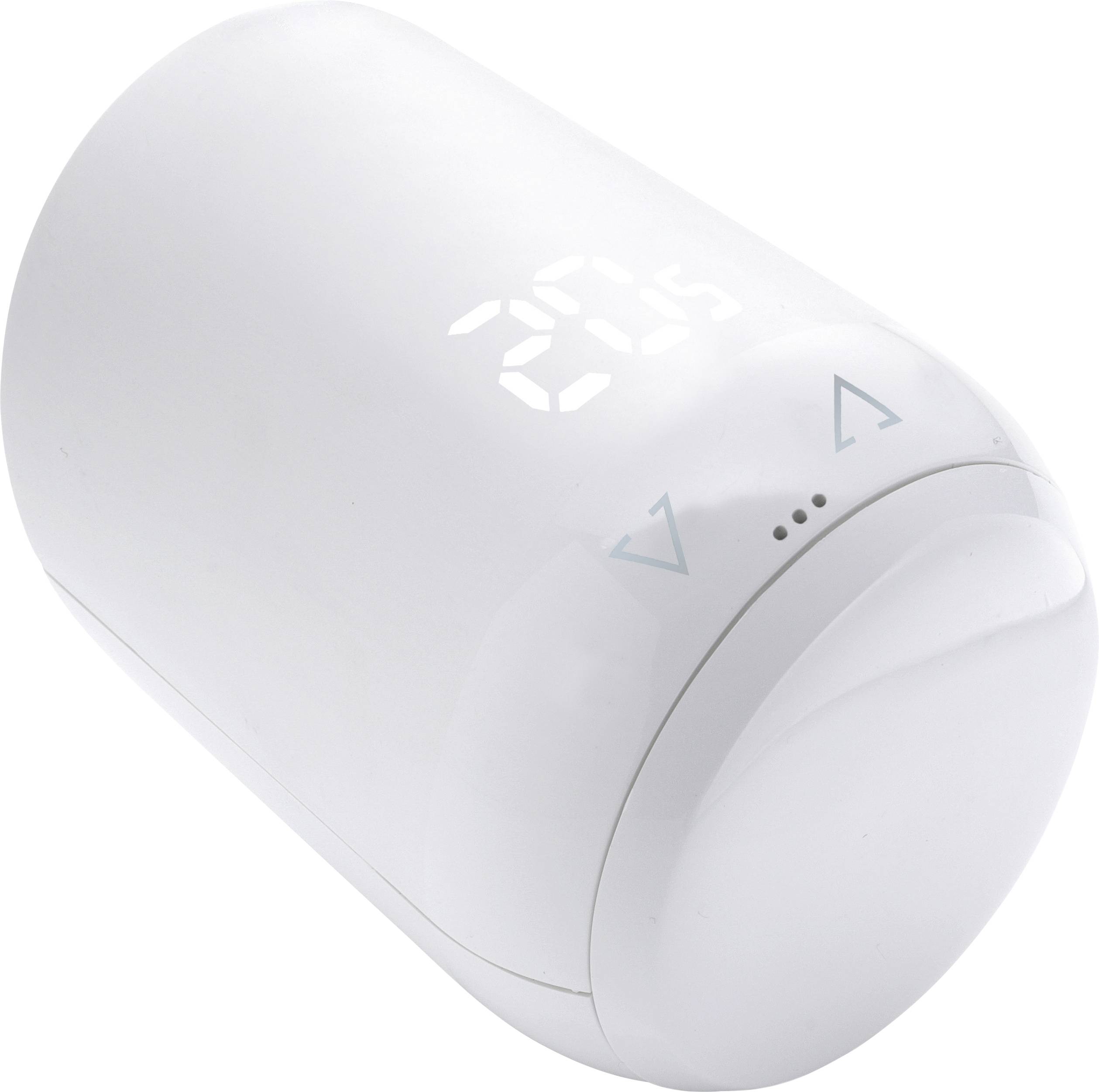 A white, cylindrical thermostat with a digital temperature display shows 20.5 degrees. Buttons with arrow symbols for temperature adjustment.