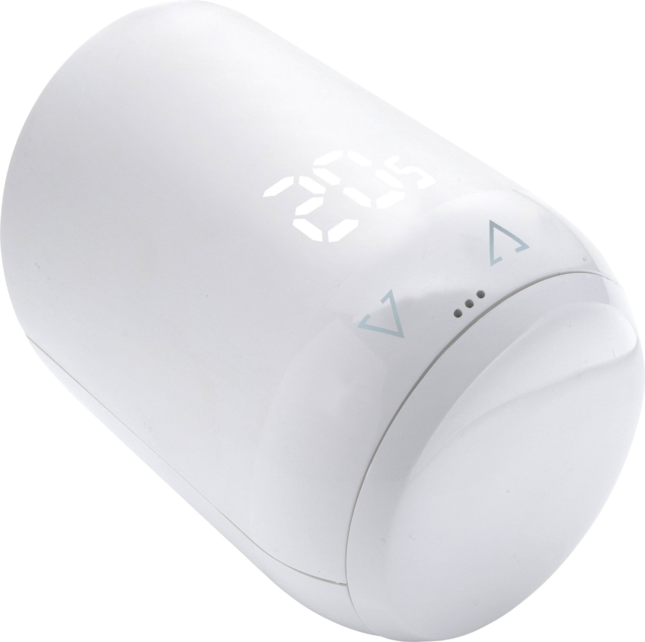 A white, cylindrical smart thermostat displays the temperature '20°C' on a screen. Temperature control buttons are visible.