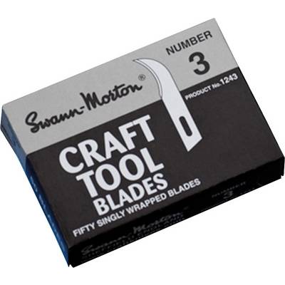 A 'Swann-Morton' craft blade pack, Number 3, with the inscription 'Craft Tool Blades, Fifty Singly Wrapped Blades'.