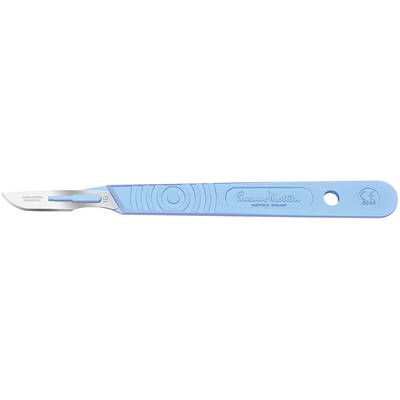 A surgical scalpel with a blue plastic handle and stainless steel blade, labelled with 'Swann-Morton' and CE marking.