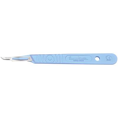 Blue surgical scalpel with stainless steel blade, handle with markings and manufacturer's logo; for precise medical procedures.
