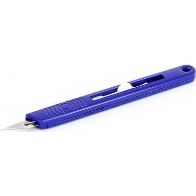 A blue, retractable letter opener with an extended, sharp metal blade.