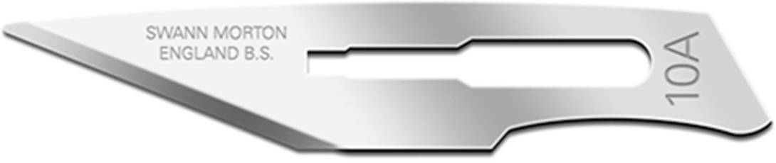 Surgical blade marked with '10A'. 'Swann Morton' manufacturer name engraved. Silver, sharp-edged blade.