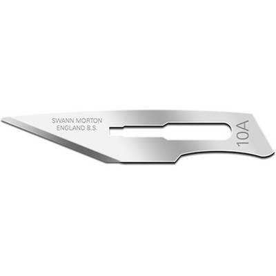 Surgical blade marked with '10A'. 'Swann Morton' manufacturer name engraved. Silver, sharp-edged blade.