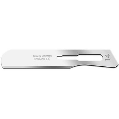 Stainless steel surgical blade with the inscription 'SWANN MORTON ENGLAND B.S. 14'.