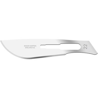 A Swann Morton surgical scalpel blade, model number 22, made of stainless steel, for precise cuts in surgery.