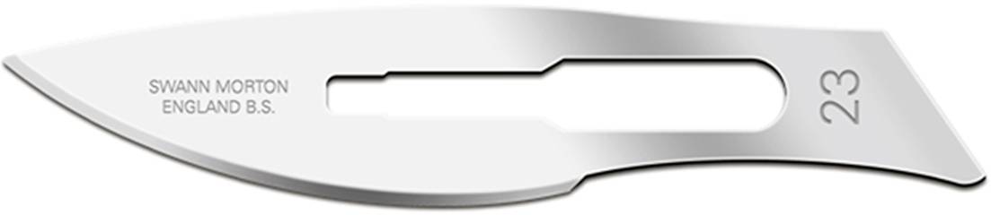 Ops scalpel blade with engraving 'Swann Morton England B.S.' and number '23', reflecting light on the edge.