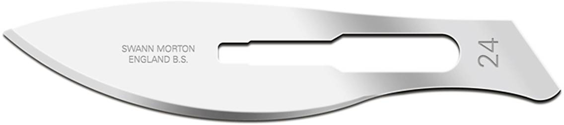 Surgical scalpel blade No. 24 with curved edge and inscription 'Swann Morton England B.S.'.