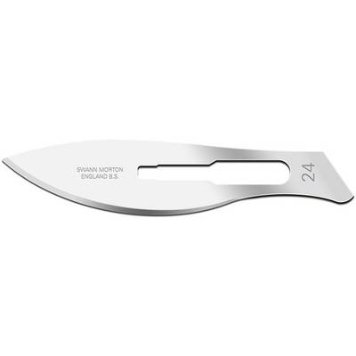 Surgical scalpel blade No. 24 with curved edge and inscription 'Swann Morton England B.S.'.