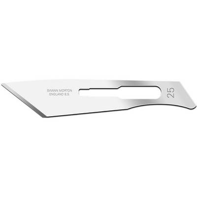 A scalpel blade inscribed with 'Swann Morton England B.S. 25', silver in colour, with a sharp point and straight edge, lies horizontally.