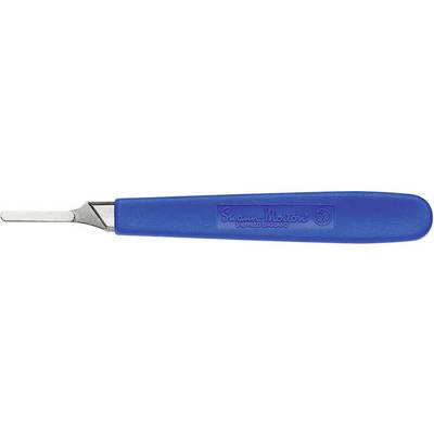 Blue handle of a scraper with a metallic blade, inscribed with 'Sensor Master'.