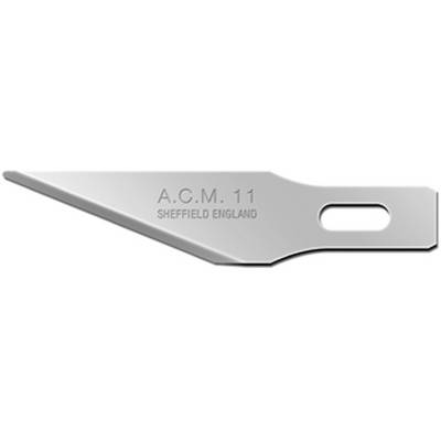Silver blade with the inscription 'A.C.M. 11 Sheffield England', tapering to a point, with a rectangular opening at the handle end.