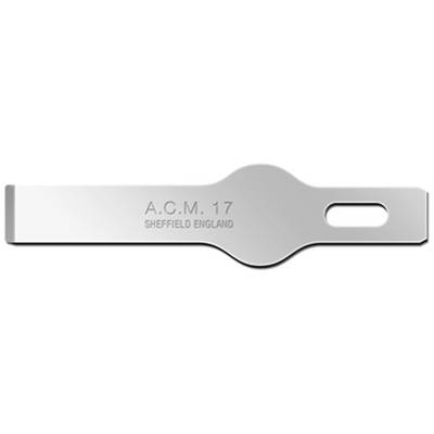 Metal knife with engraving 'A.C.M. 17 SHEFFIELD ENGLAND', silver-coloured, rectangular shape with oval cut-out on the right.