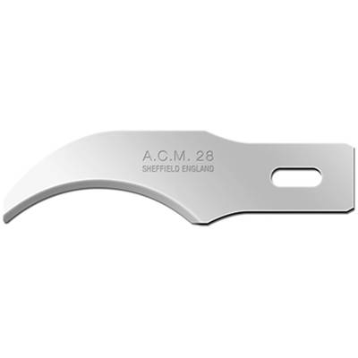 A curved silver metal knife from Sheffield, England, with the engraving 'A.C.M. 28'.