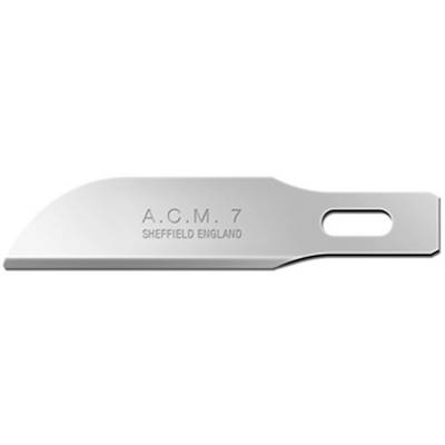 Metal blade with the inscription 'A.C.M. 7 Sheffield England', curved cutting edge, rectangular opening.