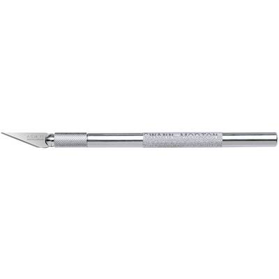 A silver scalpel with a non-slip handle; the blade is sharp and manufactured from stainless steel.