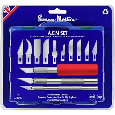 A set of Swann-Morton scalpel blades with various blades and handles. Packaging shows ten blades and three handles.