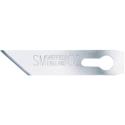 Metallic blade with the engraving 'SM Sheffield England 02'. The blade has a pointed shape and an opening at one end.