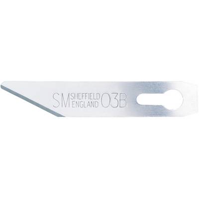 Surgical blade inscribed with 'S M SHEFFIELD ENGLAND 03B', made of metal, tapering to a point, with an opening for insertion into a handle.